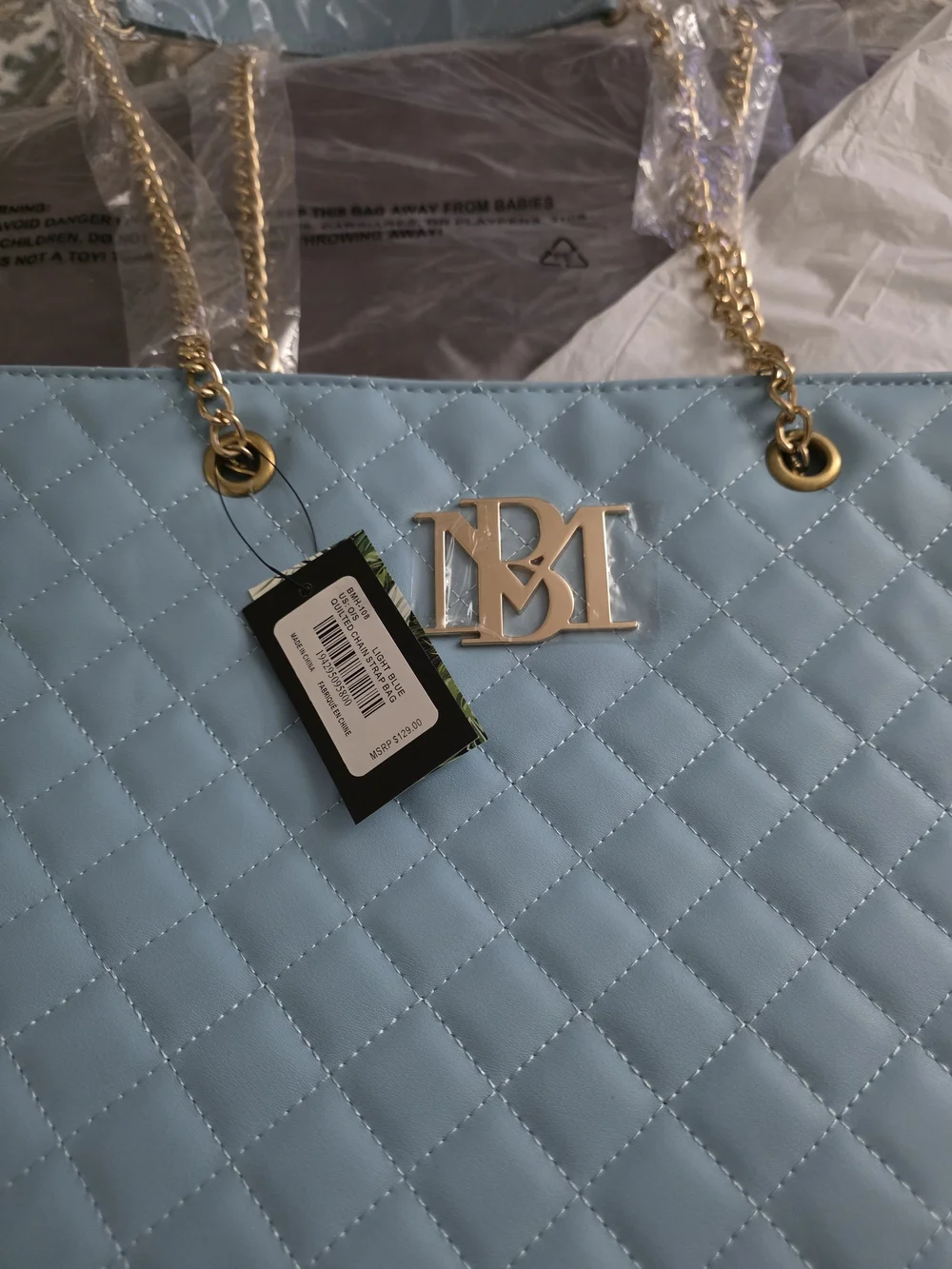 Badgley Mischka Quilted Tote with Gold Chain in Light Blue